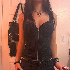 Black Pinstripe Zip-Front Bustier Top🖤⚔️